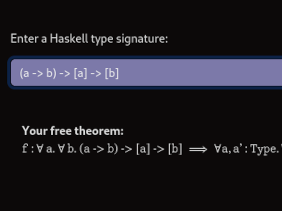 Cut-off text stating 'Enter a Haskell type signature' and the start of a mathematical logic statement